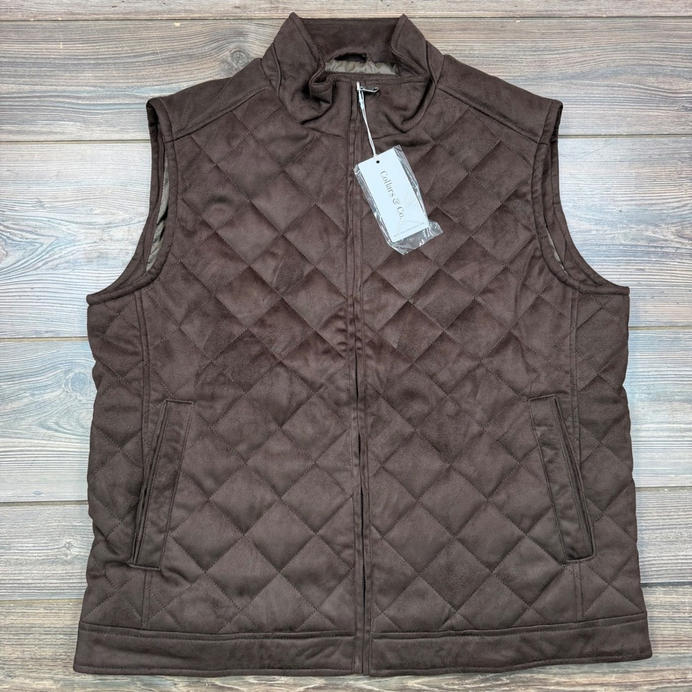 Collars & Co Men Size Large Voyager Quilted Vest Brown Faux Suede Full Zip NWT